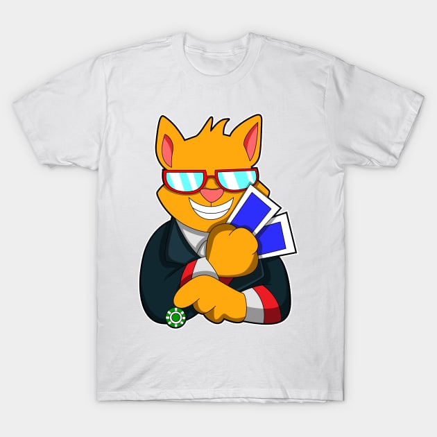 Cat at Poker with Cards & Poker chip T-Shirt by Markus Schnabel